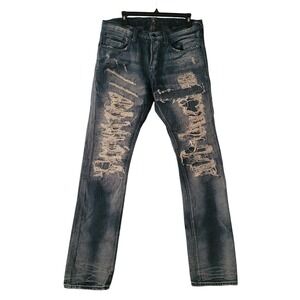 PRPS‎ Demon Distressed Slim Fit Jeans Sz 32x34 Indigo Cotton Button Fly Ripped